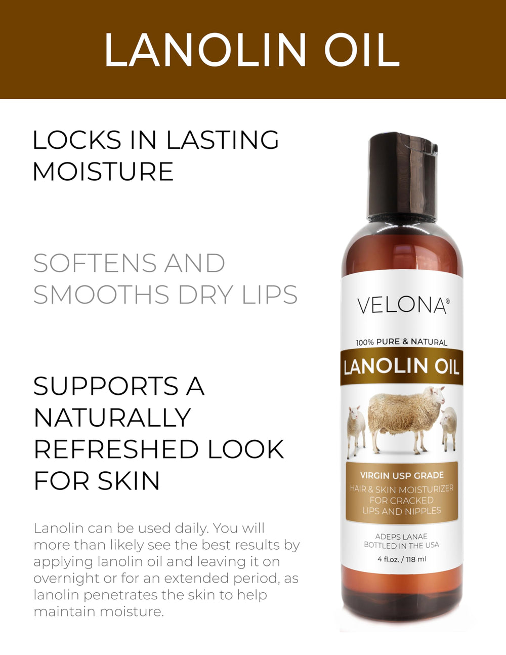 Velona Lanolin Oil USP product image highlights fragrance-free formula for sensitive skin.