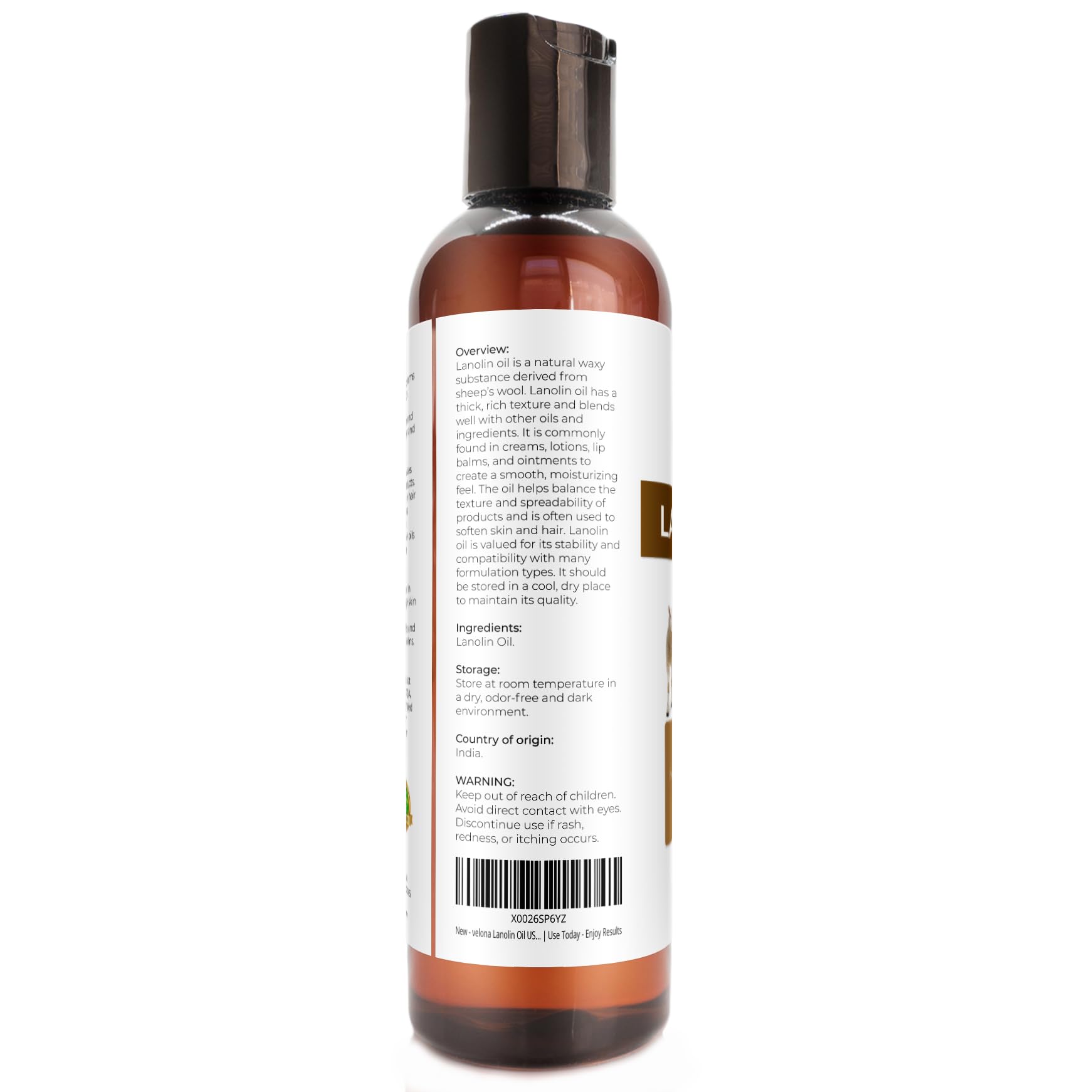 Velona Lanolin Oil USP bottle close-up emphasizes purity and fragrance-free benefits.