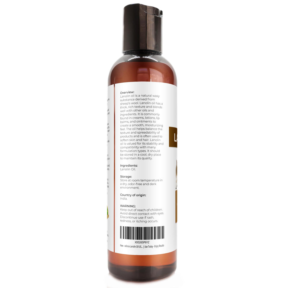 Velona Lanolin Oil USP bottle close-up emphasizes purity and fragrance-free benefits.