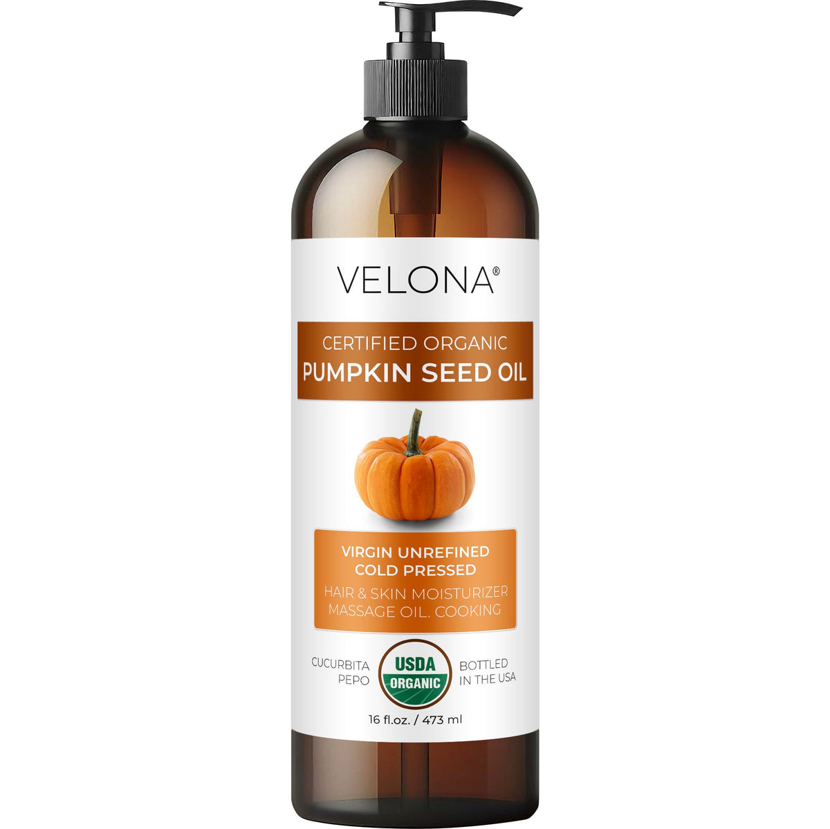Velona pumpkin seed oil bottle front showing organic purity for cooking and skincare