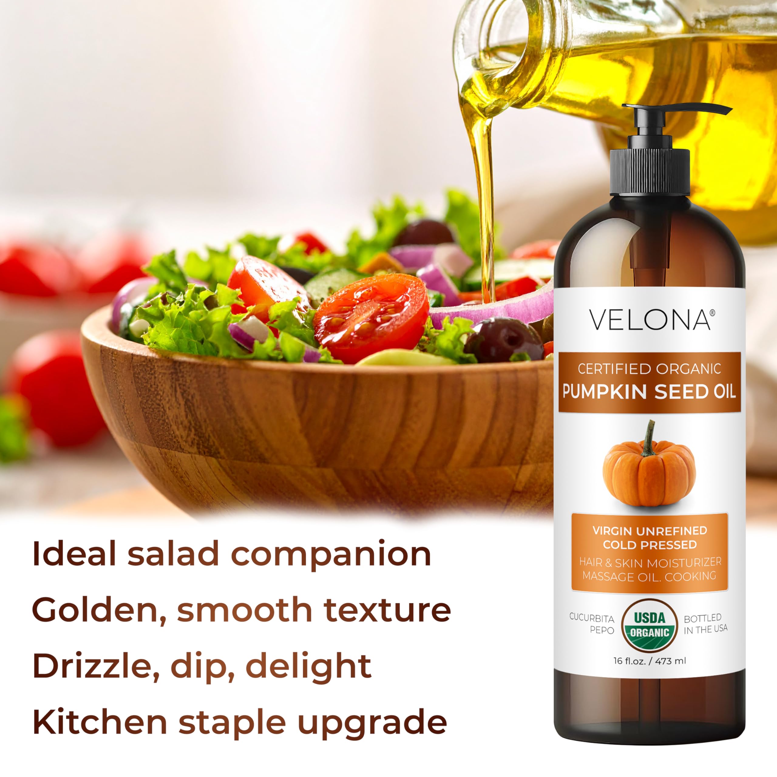 Velona pumpkin seed oil hair care application for moisturized ends