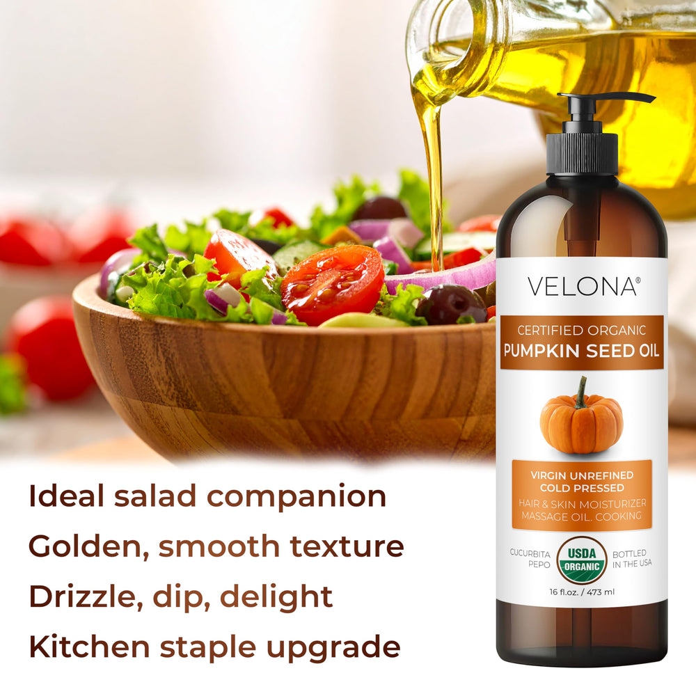 Velona pumpkin seed oil hair care application for moisturized ends