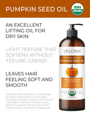 Velona pumpkin seed oil being poured for quick absorption in body care