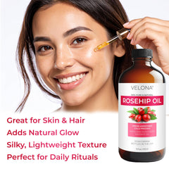velona Rosehip Oil bottle pour demonstrates easy application for daily routines.