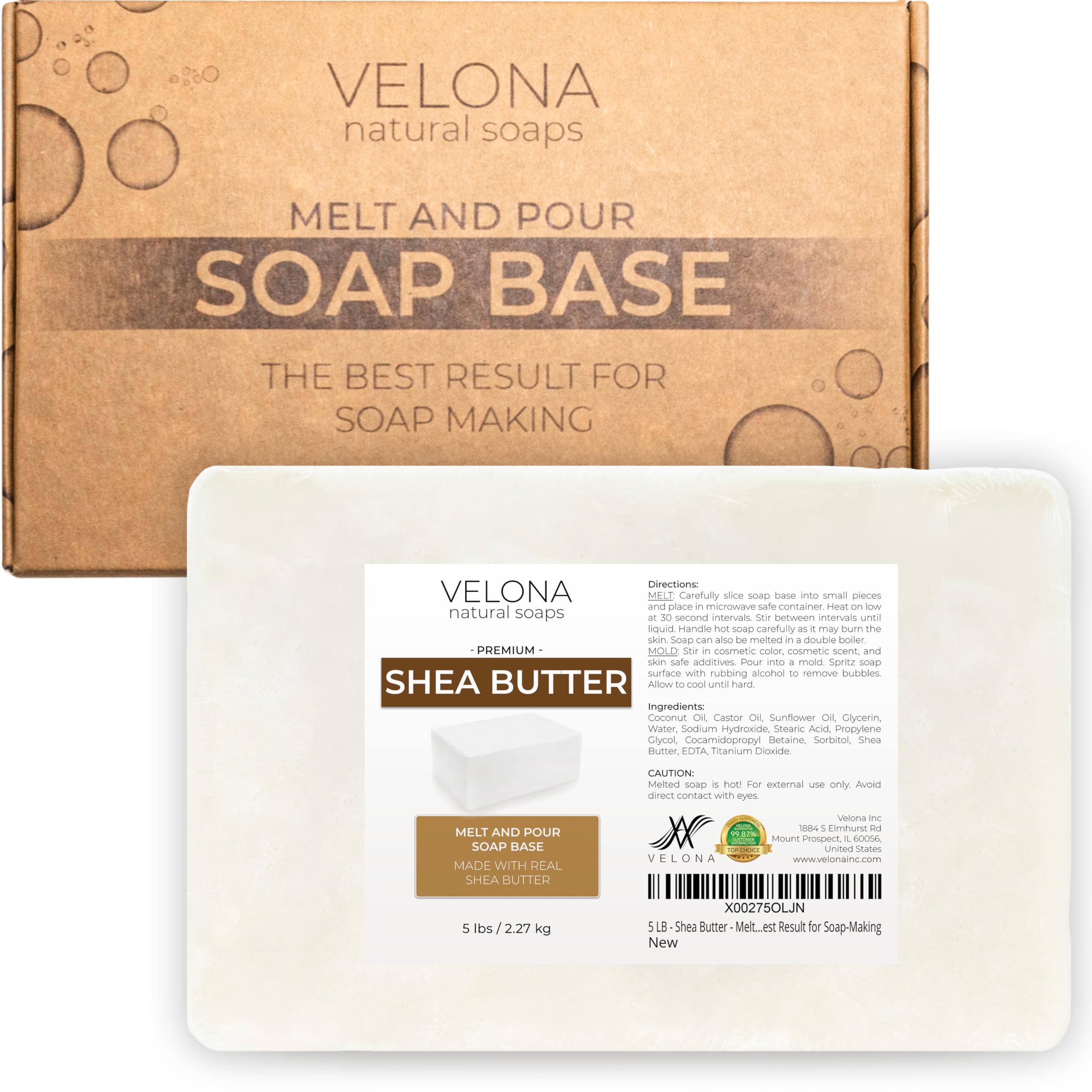 Velona Shea Butter Melt & Pour base packaging, premium natural formula for easy soap making.
