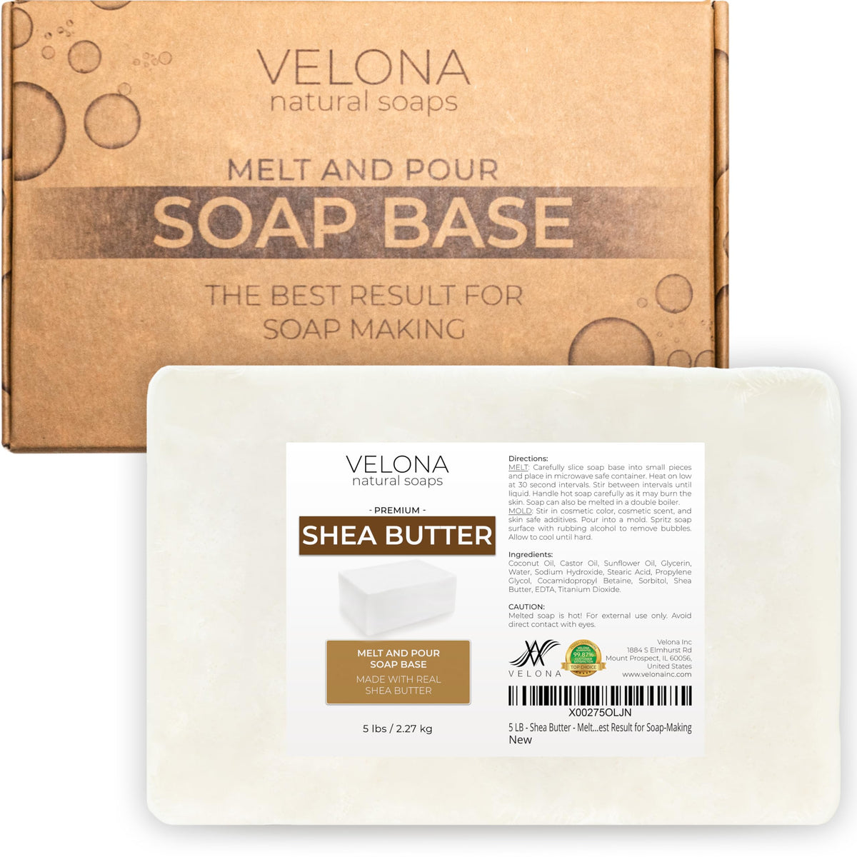 Velona Shea Butter Melt & Pour base packaging, premium natural formula for easy soap making.