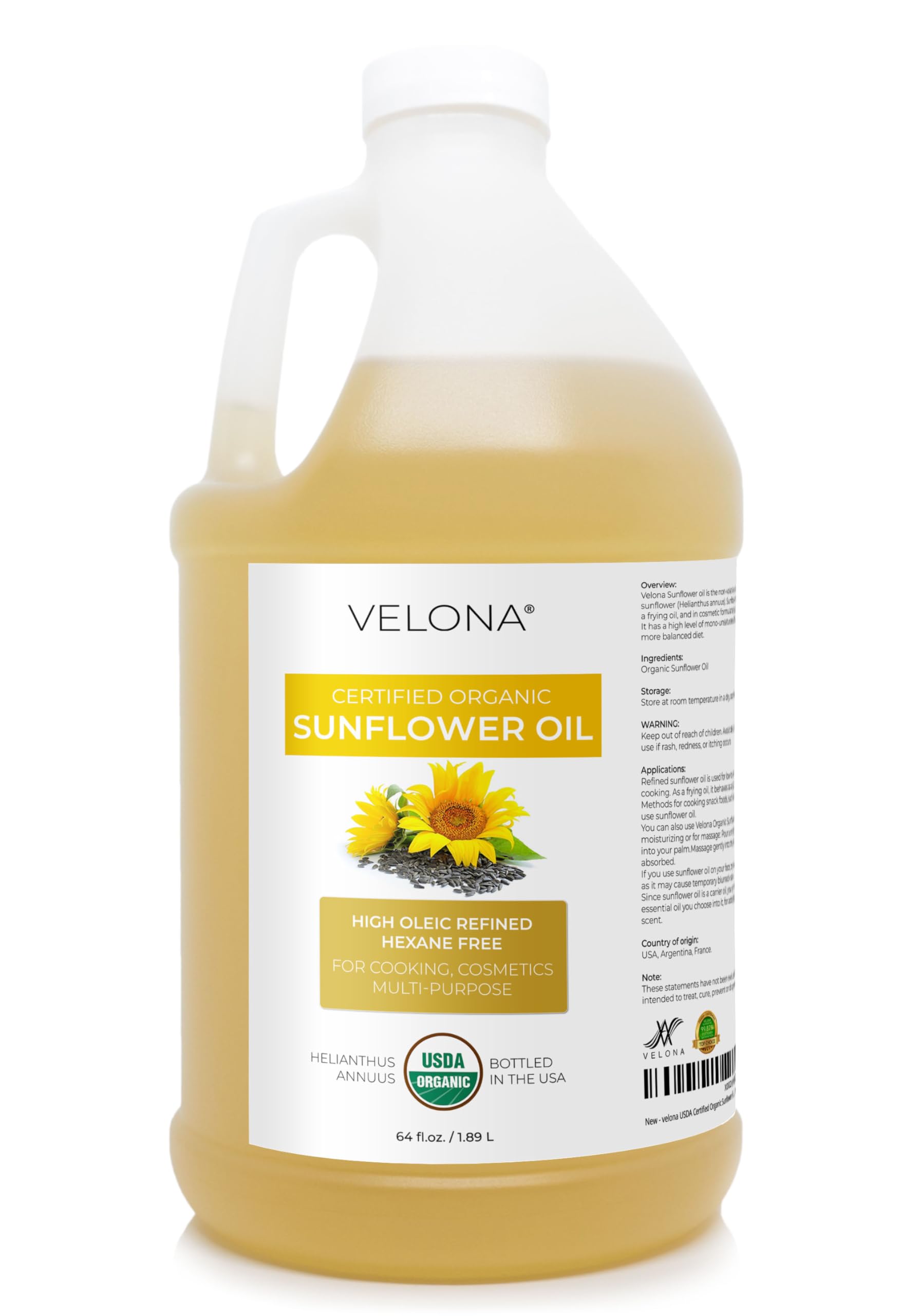 Velona sunflower oil bottle for versatile cooking and daily skin care benefits.