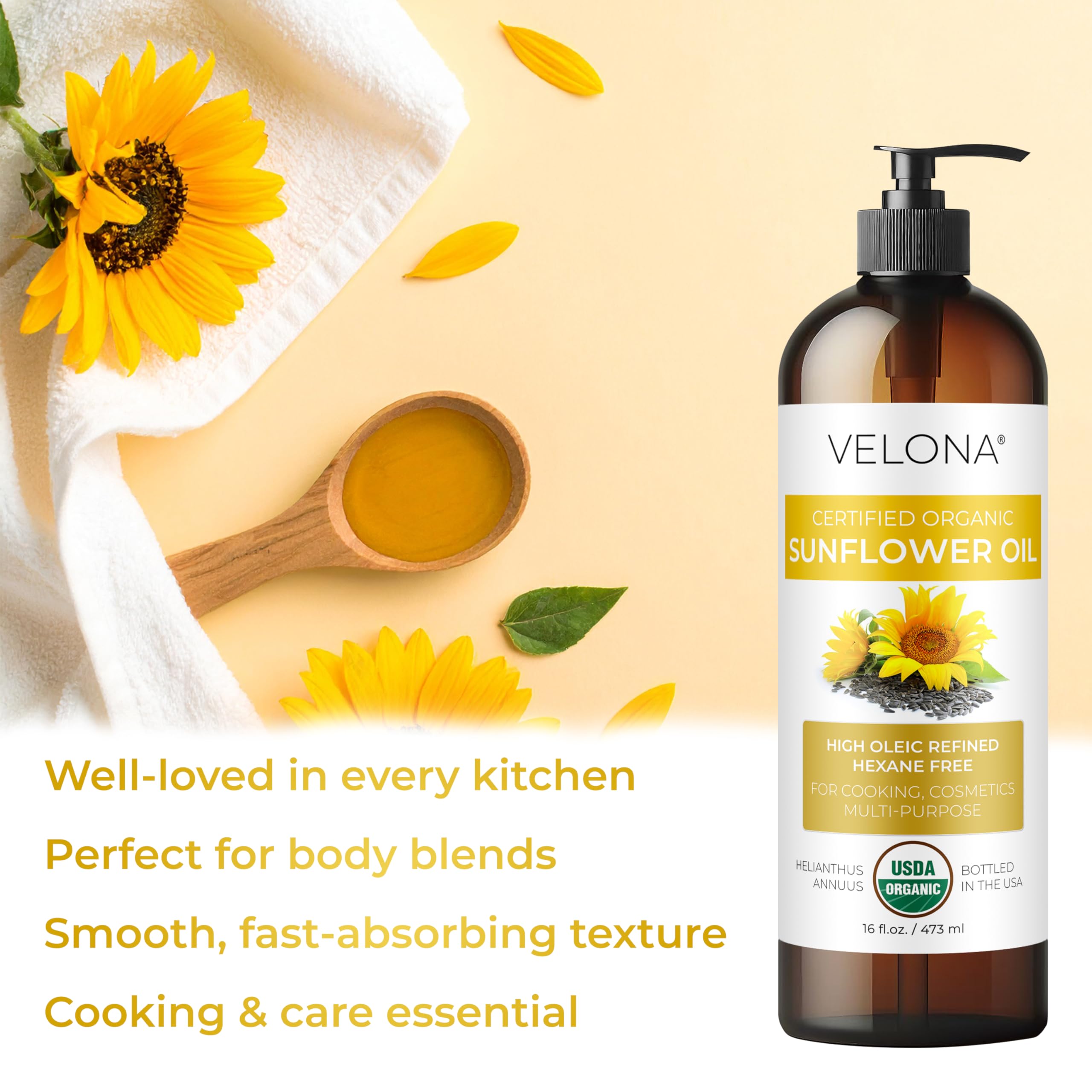 Velona sunflower oil bottle in a skillet ready for light sauté and neutral flavor.