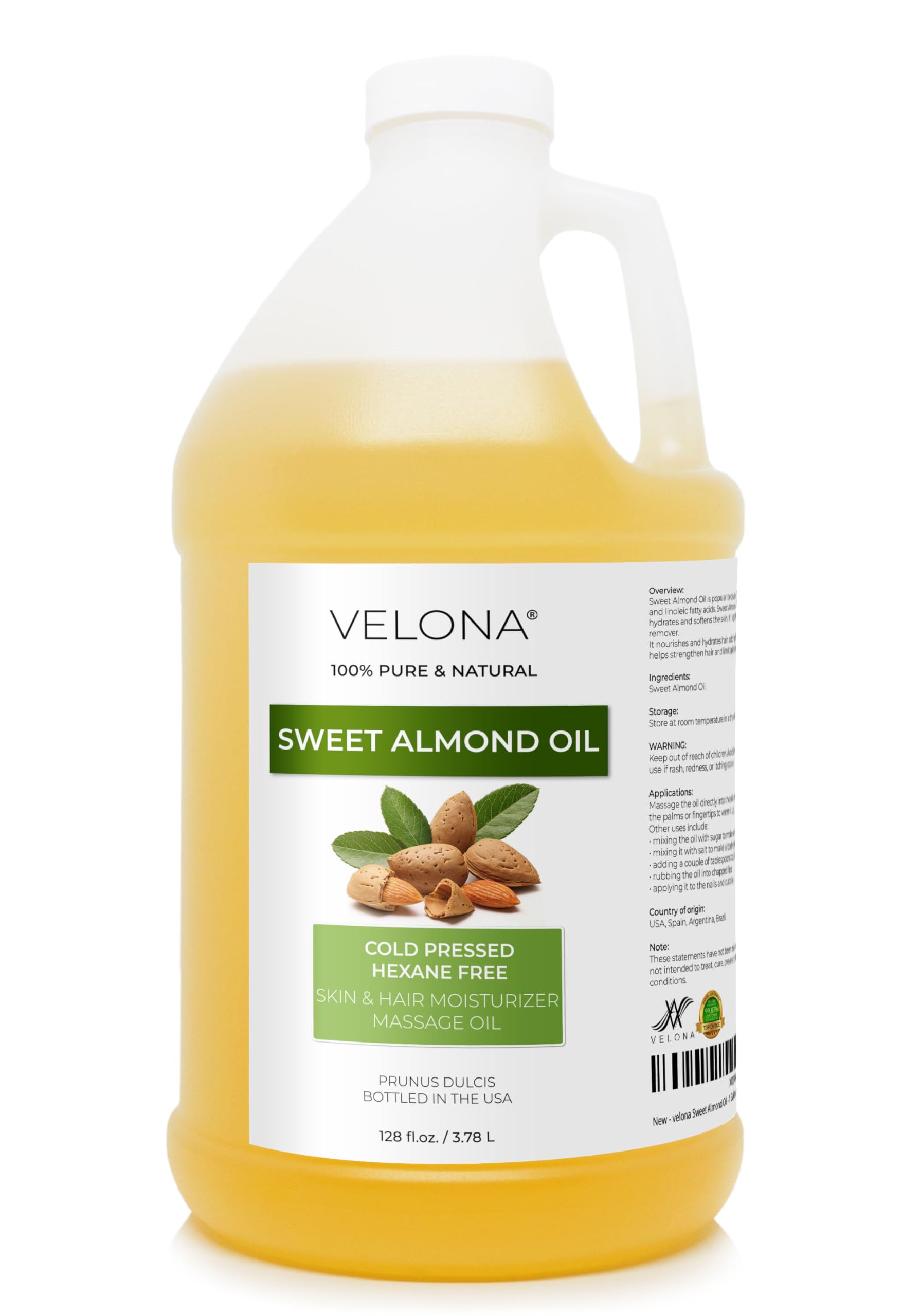 Velona Sweet Almond Oil bottle front view for skin and hair hydration
