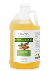 Velona Sweet Almond Oil bottle front view for skin and hair hydration