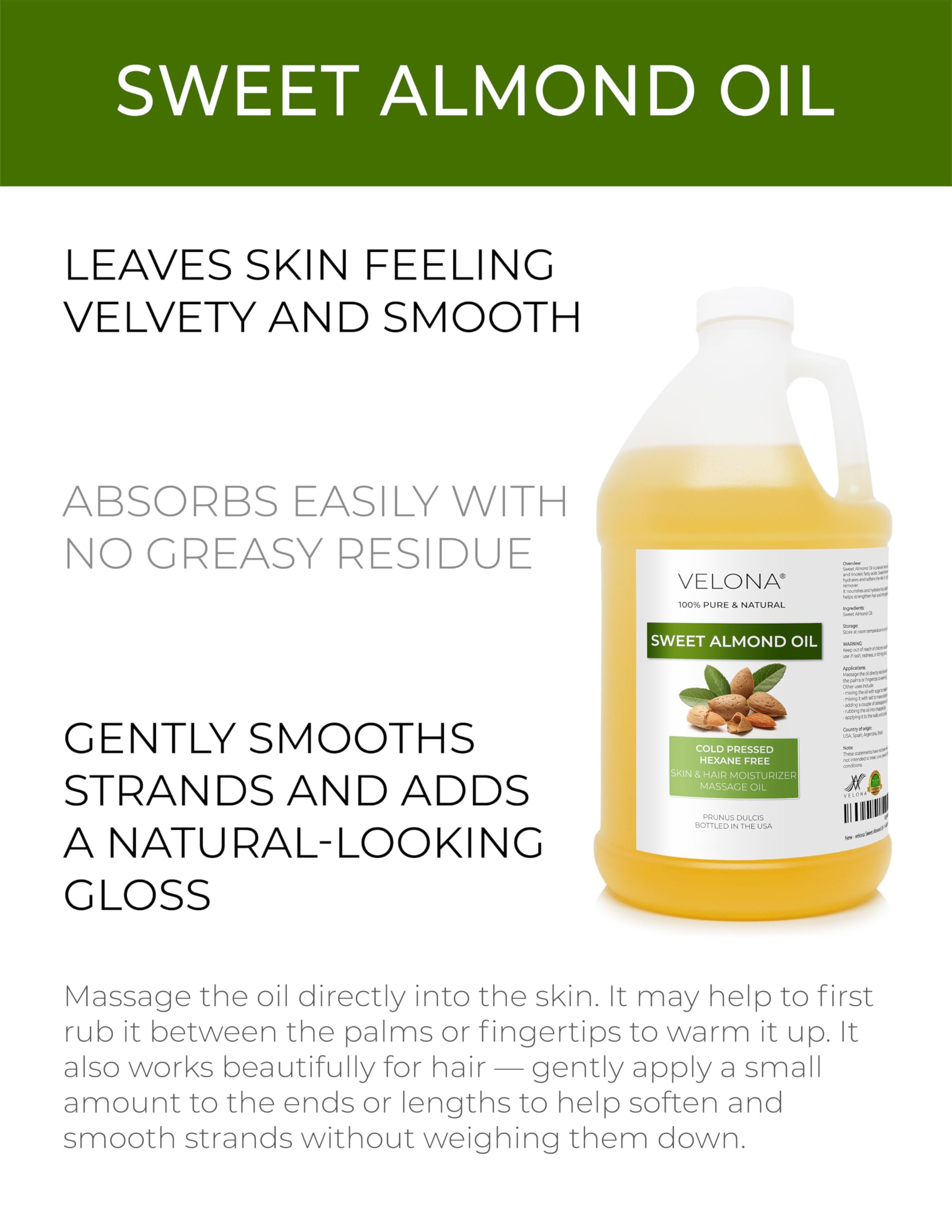 Velona Sweet Almond Oil press close-up highlights cold-pressed purity for skin and hair.