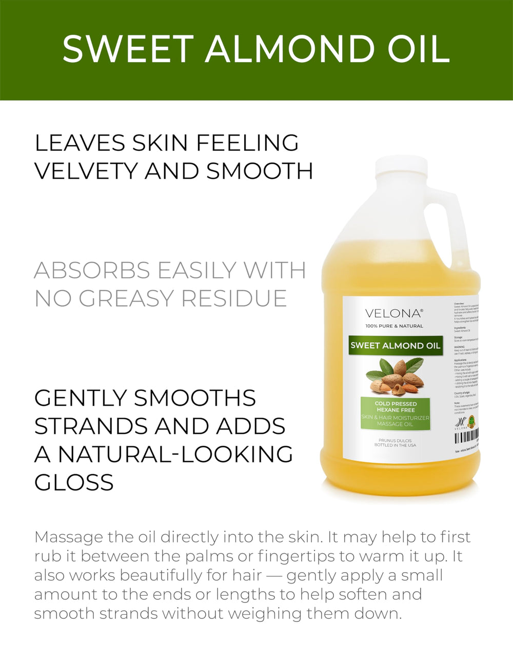 Velona Sweet Almond Oil press close-up highlights cold-pressed purity for skin and hair.