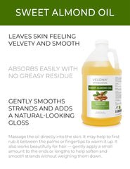 Velona Sweet Almond Oil press close-up highlights cold-pressed purity for skin and hair.
