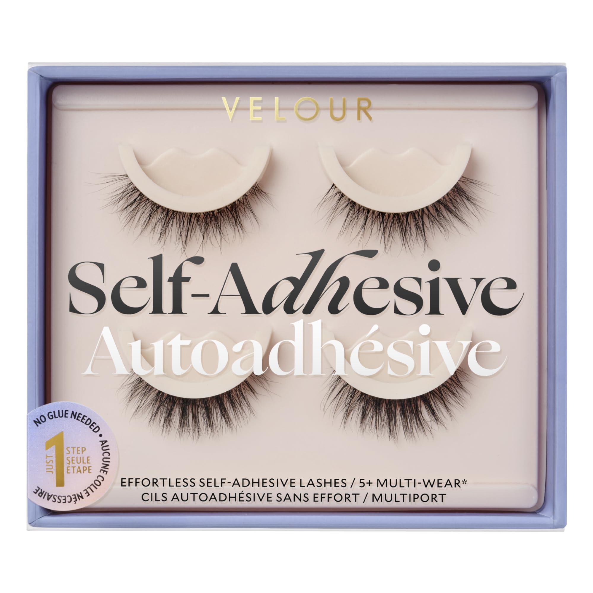 VELOUR Velour Effortless Self-Adhesive Eyelashes pack closeup highlights easy no-glue wear