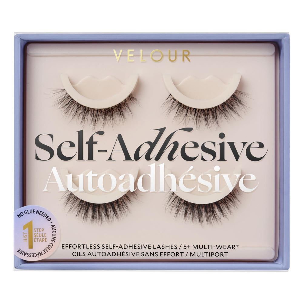 VELOUR Velour Effortless Self-Adhesive Eyelashes pack closeup highlights easy no-glue wear