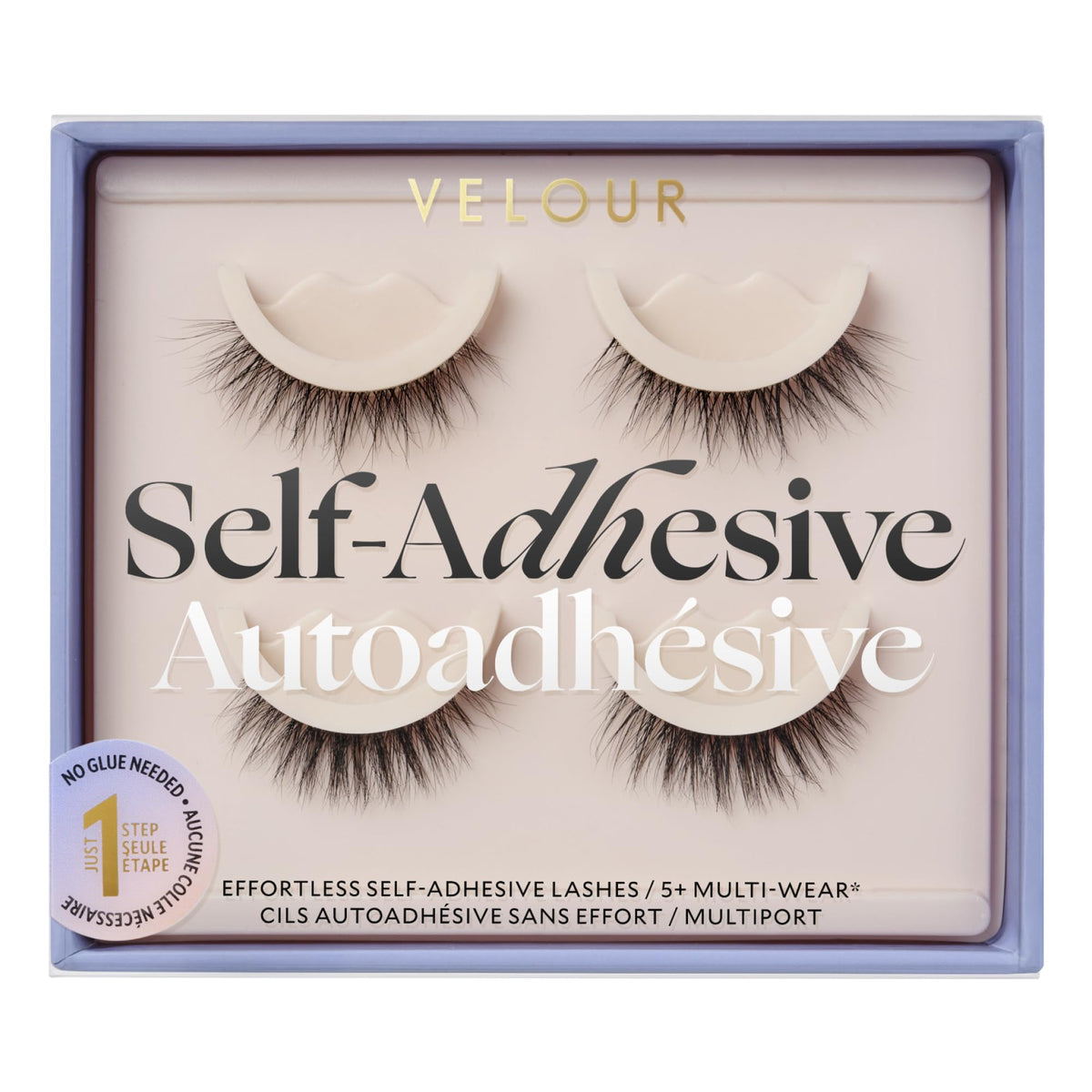 VELOUR Velour Effortless Self-Adhesive Eyelashes pack closeup highlights easy no-glue wear
