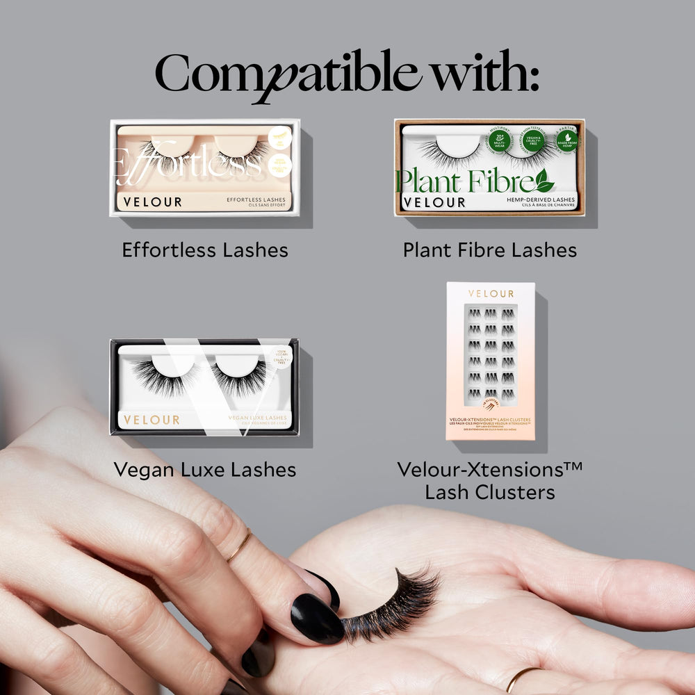 Velour lash extensions with wedding makeup look held by strong adhesive for all-day hold.