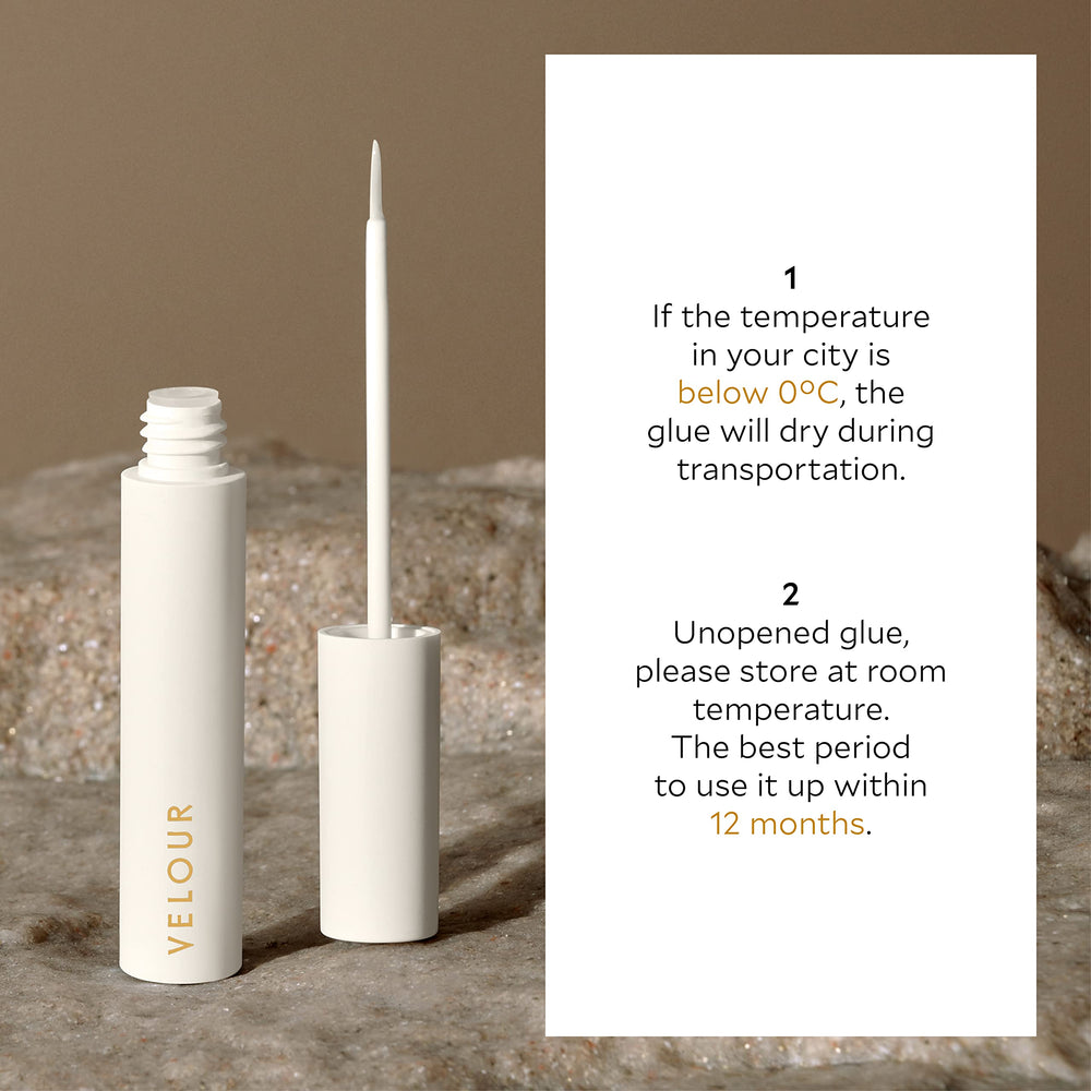 Velour strong lash glue in action during application for secure corners and long wear.