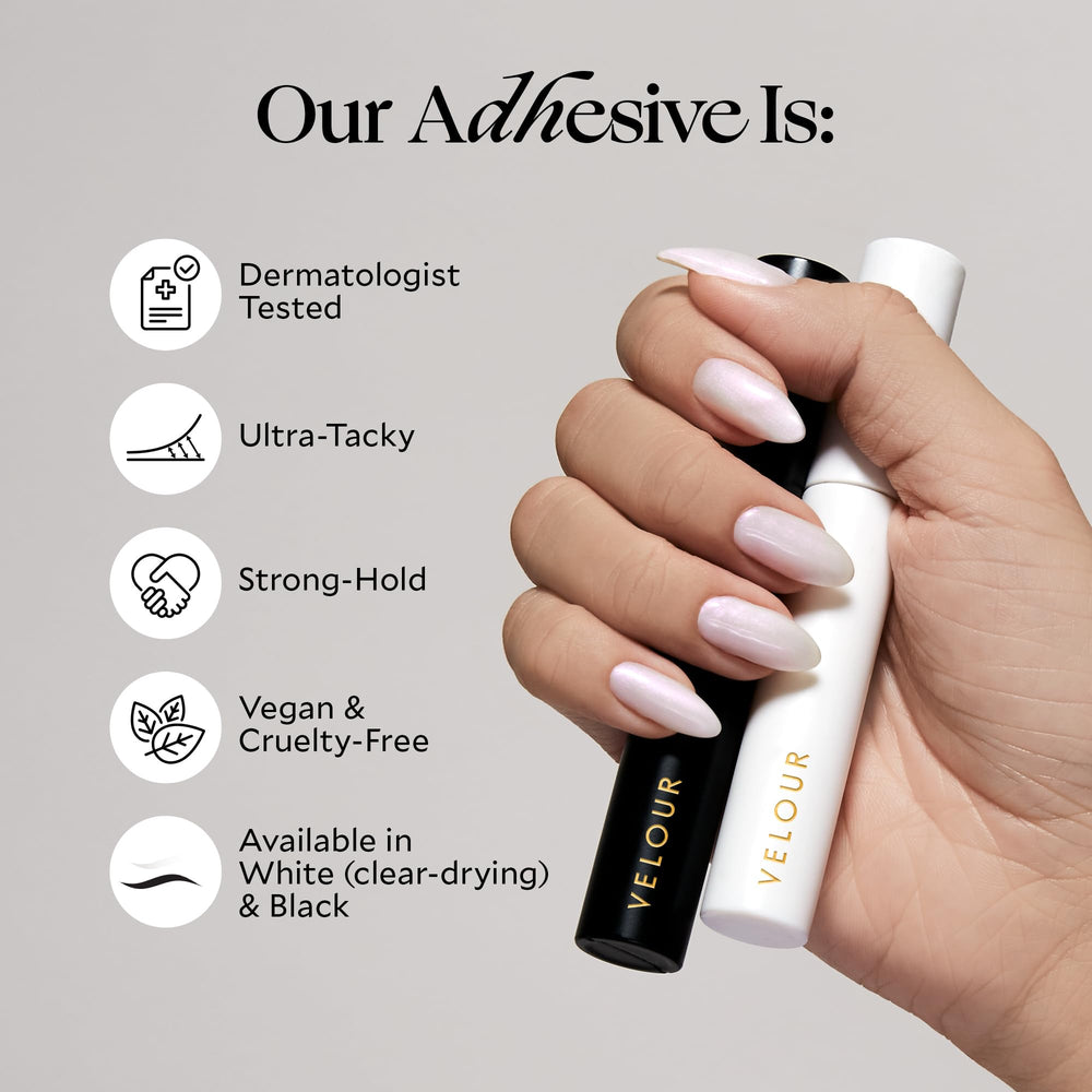 Velour vegan latex-free eyelash adhesive packaging highlights safe, gentle bonding for false lashes.