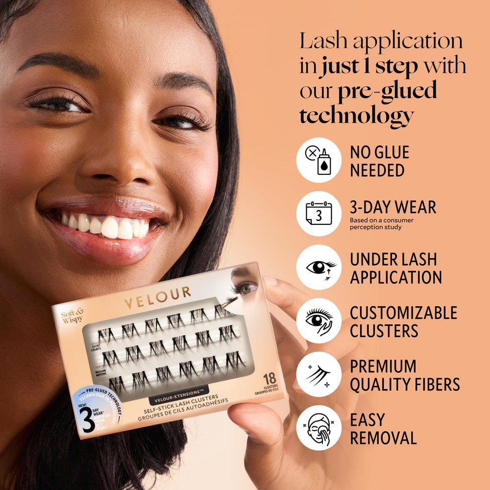 Velour Xtensions underlash clusters applied on eye for natural daily wear.