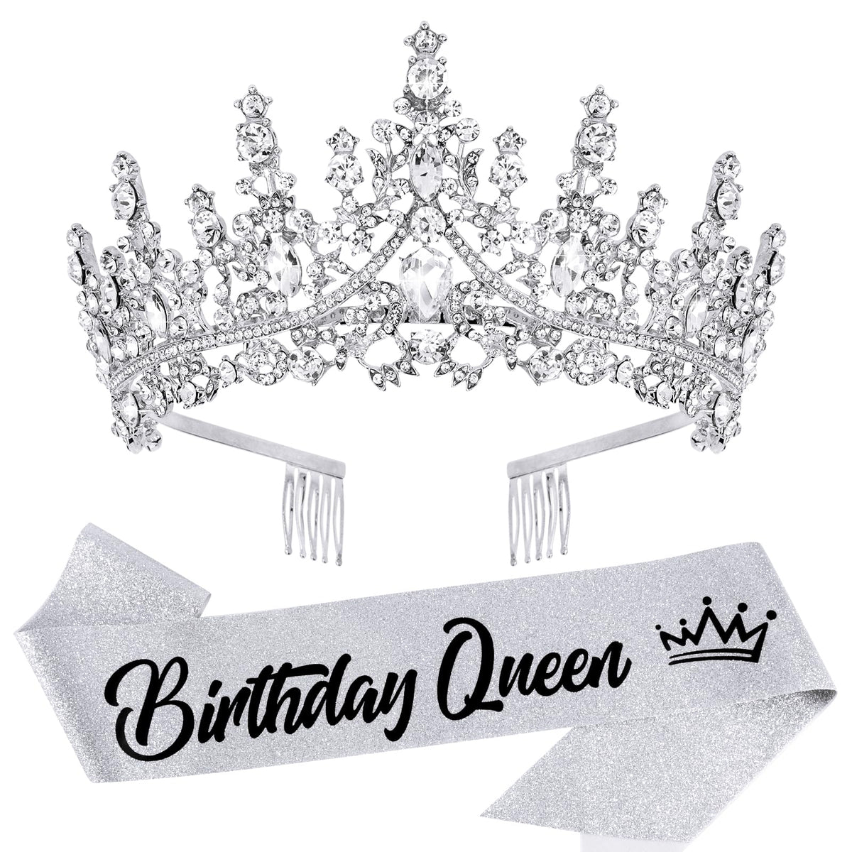 VELSCRUN silver crystal birthday tiara front view for festive styling