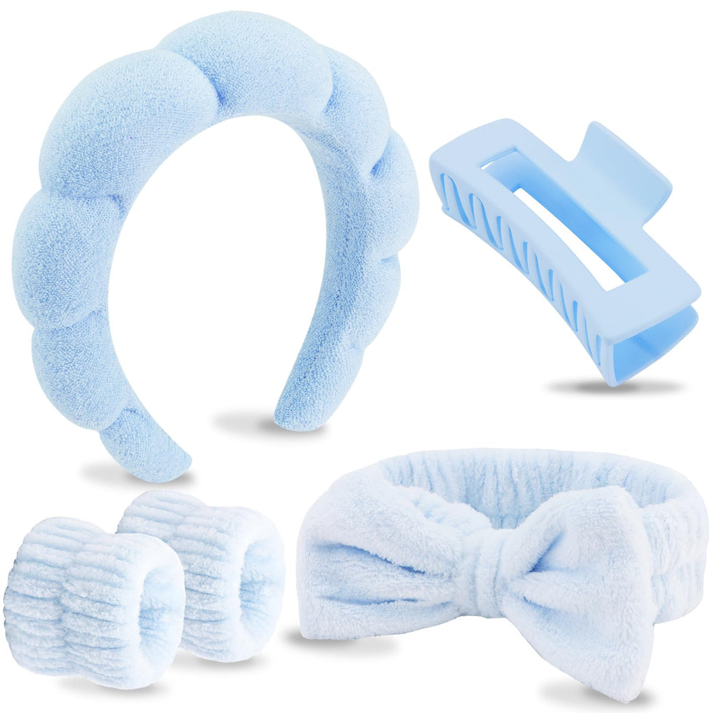 VELSCRUN spa headband blue fluffy texture for gentle face washing and makeup prep.