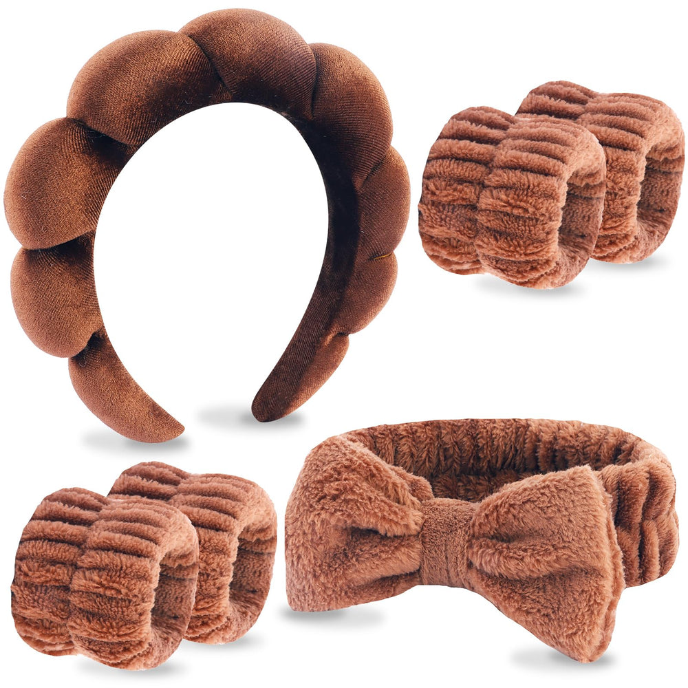 VELSCRUN spa headband in coffee with bow for easy facial washing.