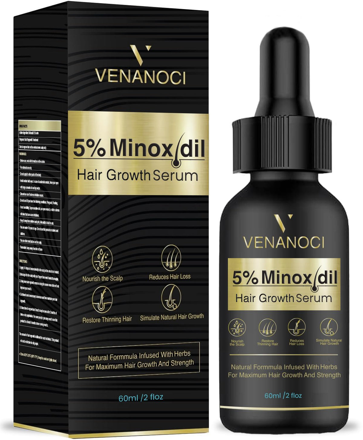 Venanoci 5% Minoxidil bottle for targeted scalp support and thinning hair.