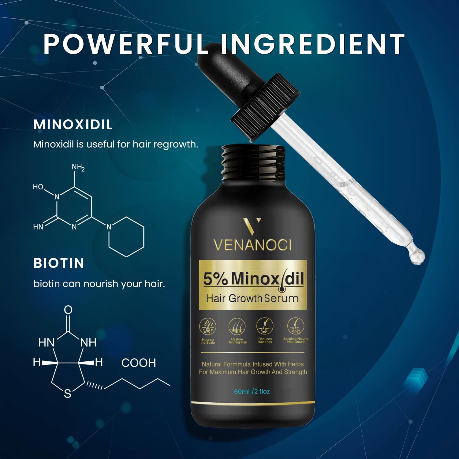 Venanoci dense hair growth visual hints at fuller-looking strands.