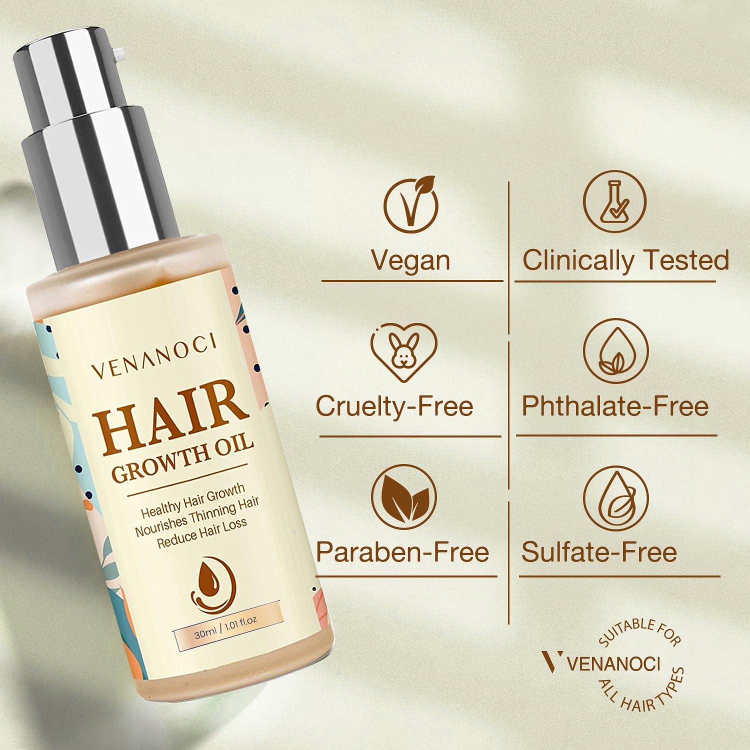 Venanoci Hair Growth Oil in a wellness scene suggests scalp health routine