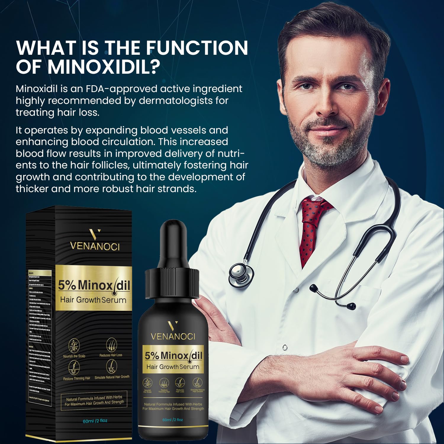 Venanoci hair-growth serum texture close-up hints nourishment for scalp.