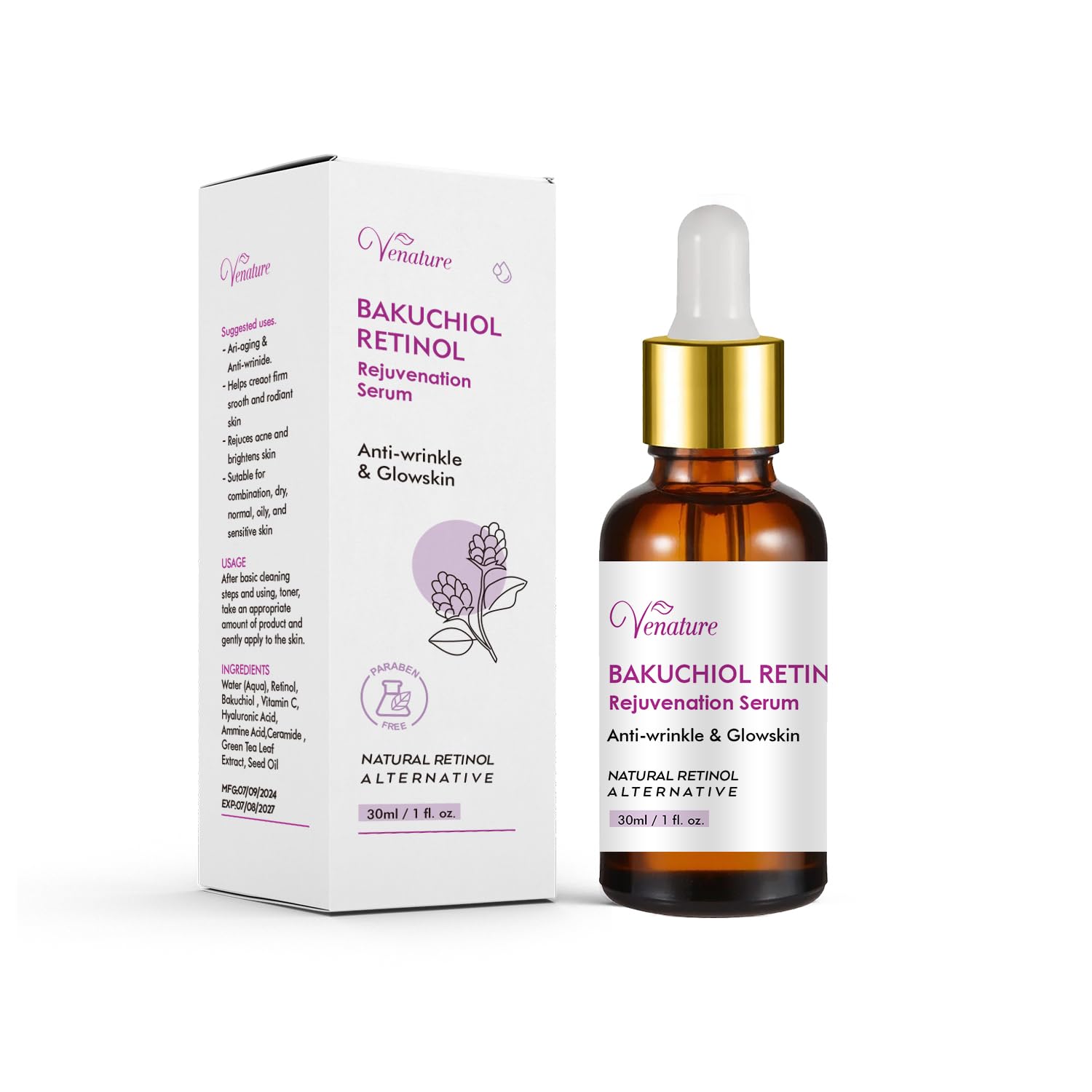 Venature Bakuchiol Retinol Serum bottle shows hydration-boosting formula for smoother skin