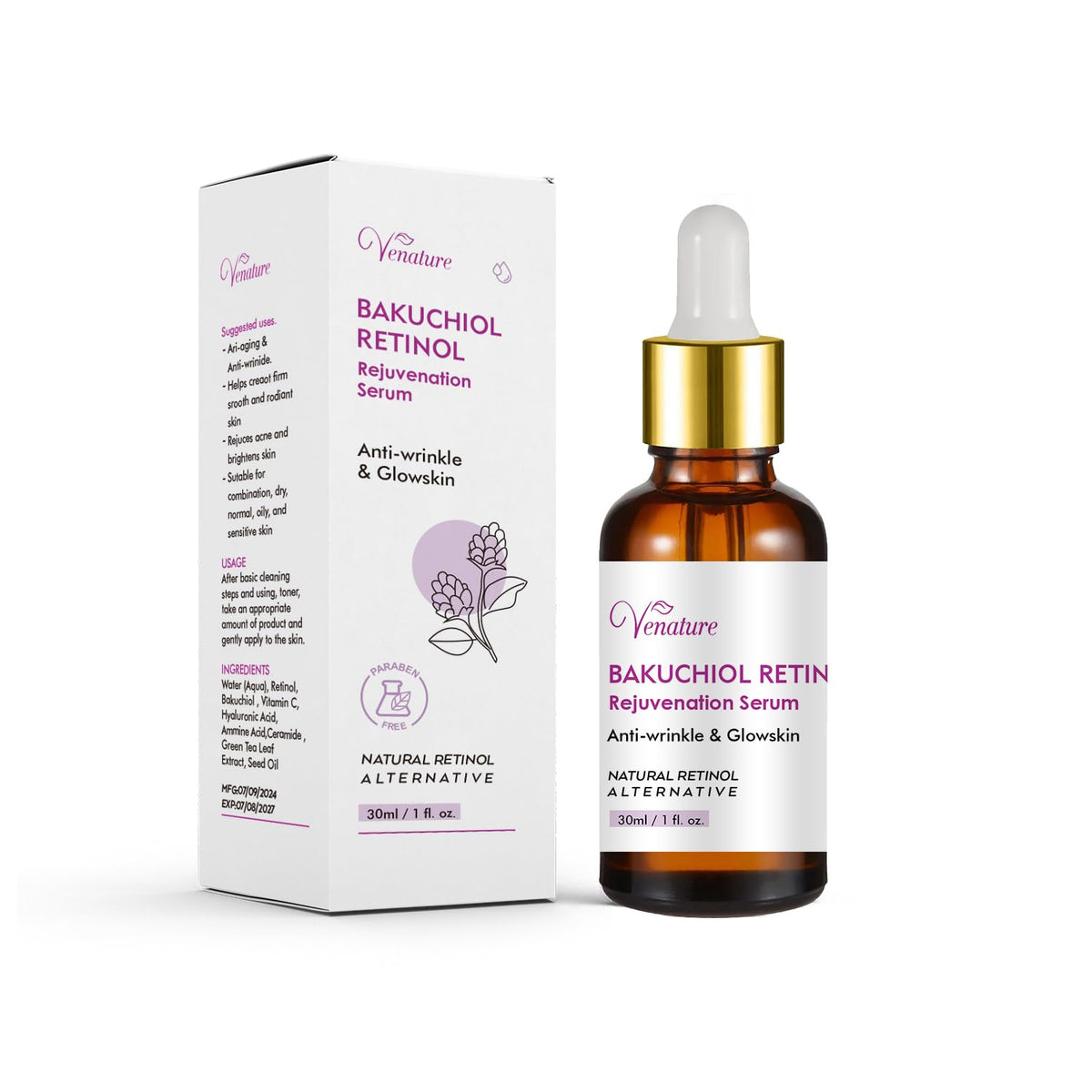 Venature Bakuchiol Retinol Serum bottle shows hydration-boosting formula for smoother skin
