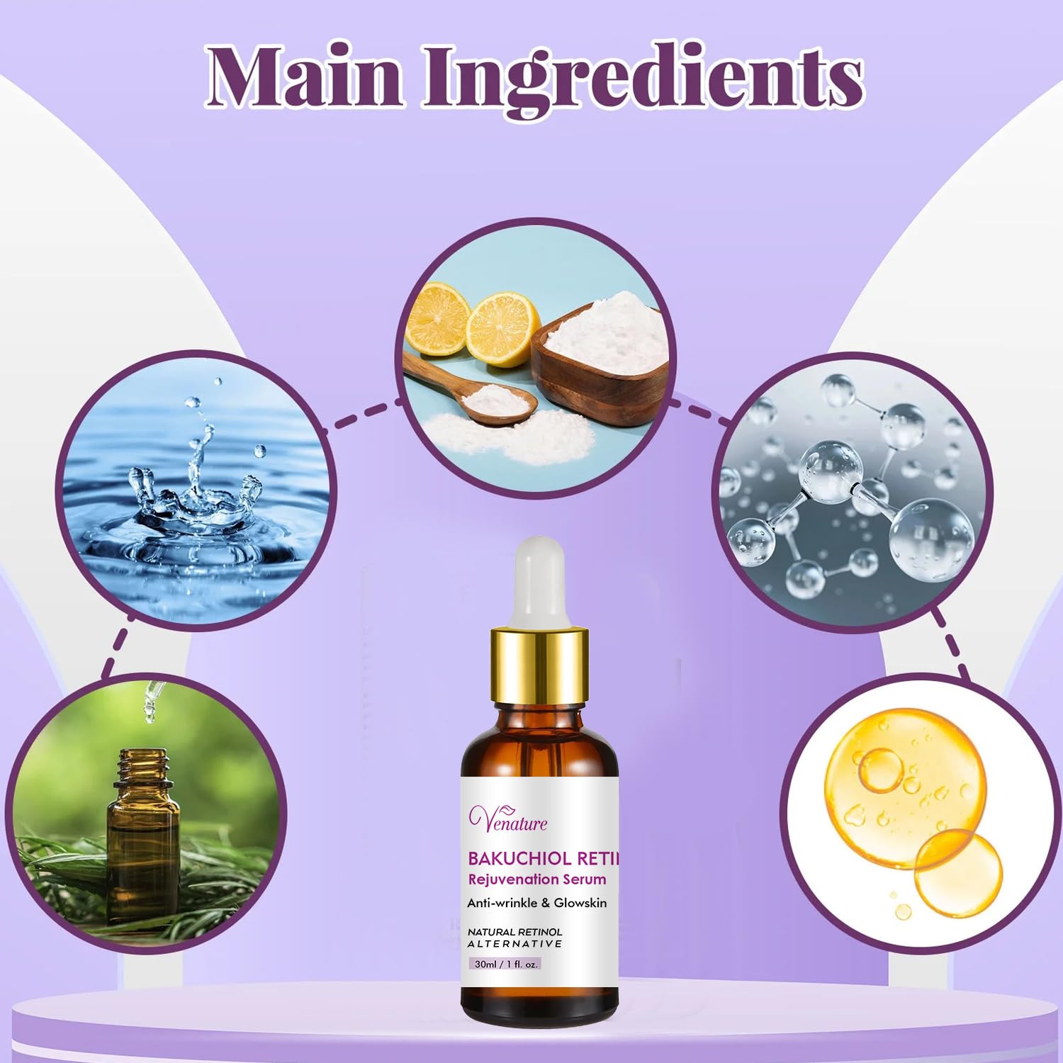 Venature Bakuchiol Serum dropper closeup highlights easy daily application