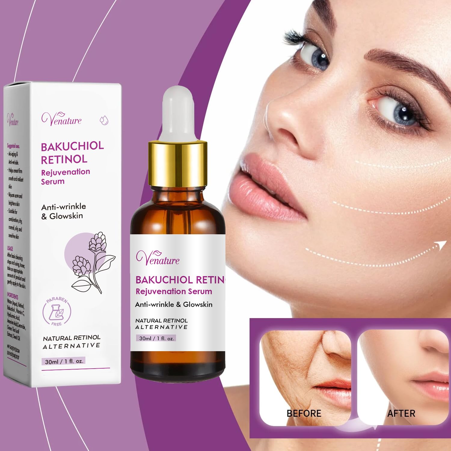 Venature serum green tea extract image communicates oil-control and balanced complexion