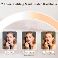 Venigo travel makeup mirror two-light-settings in a dim hotel room.