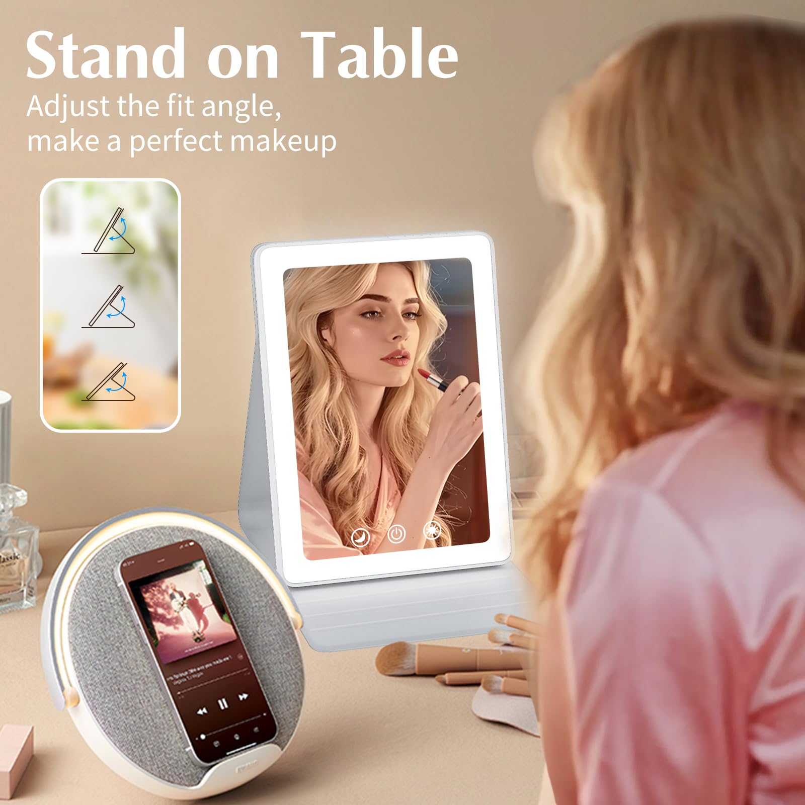 Venigo travel makeup mirror USB-powered compact vanity setup for desk use.