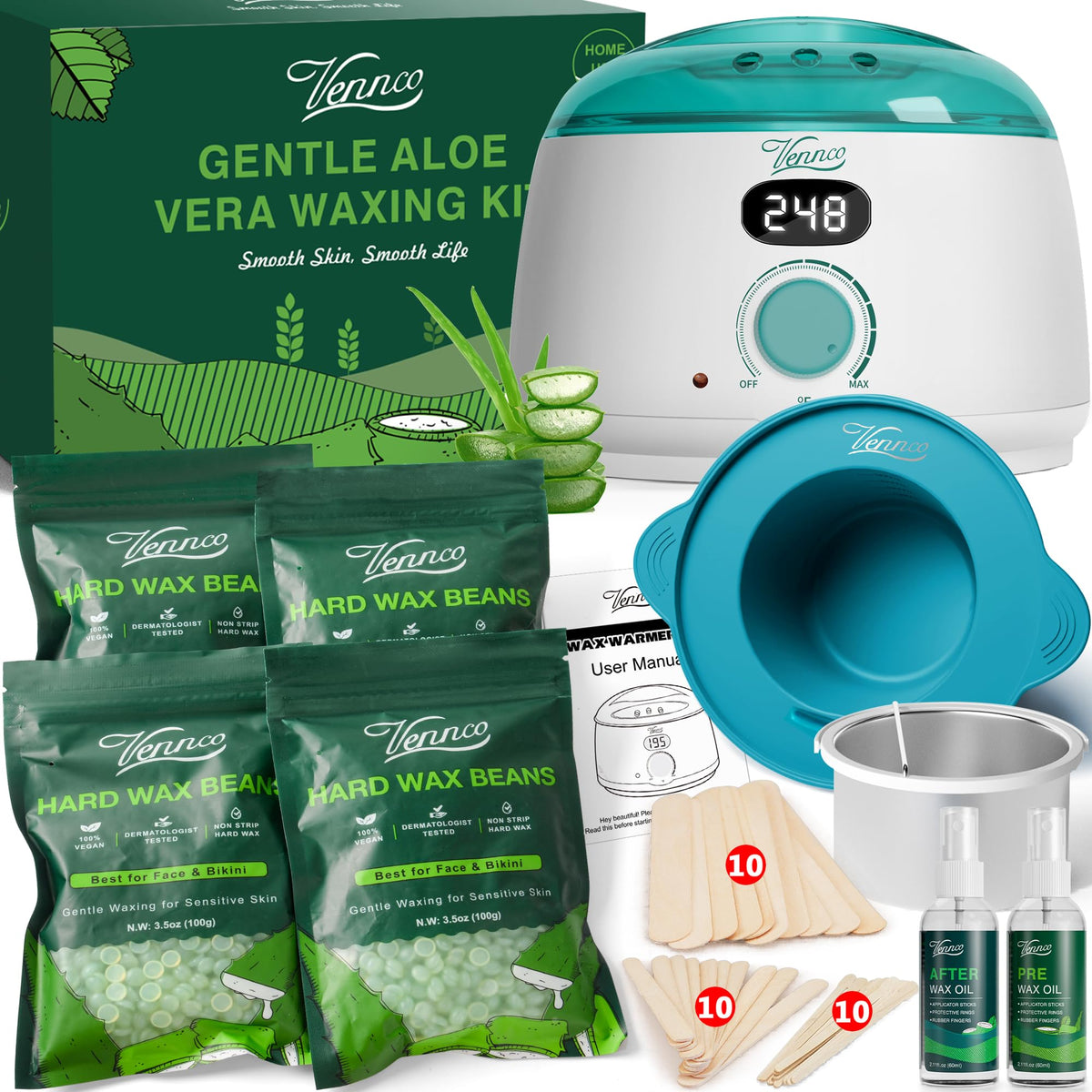 VENNCO waxing kit digital wax warmer for quick, even heating during at-home sessions.