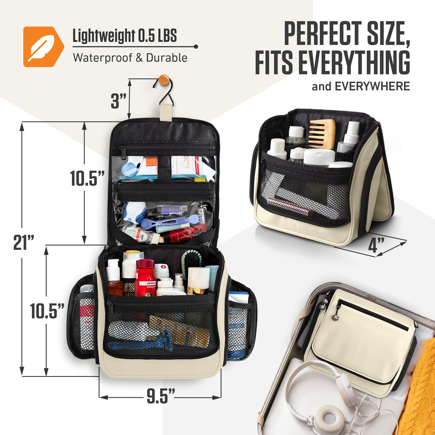 VENTURE 4TH expandable compartments keep cosmetics organized for quick packing.