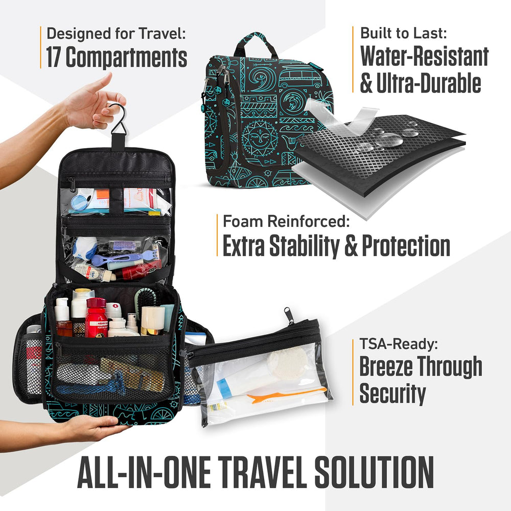 VENTURE 4TH hanging toiletry bag compact dimensions fit in carry-on.