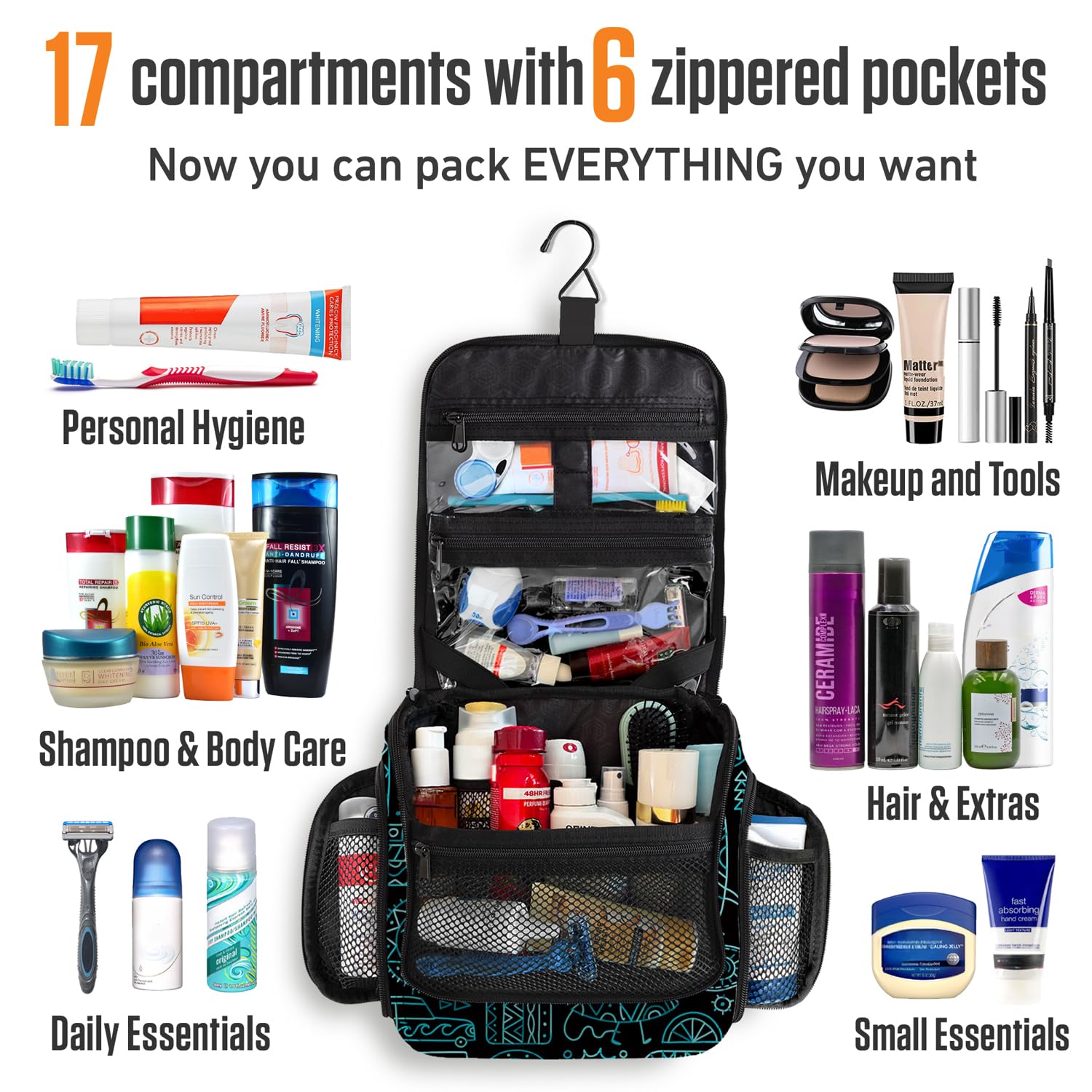 VENTURE 4TH hanging toiletry bag compact profile supports space-saving packing.