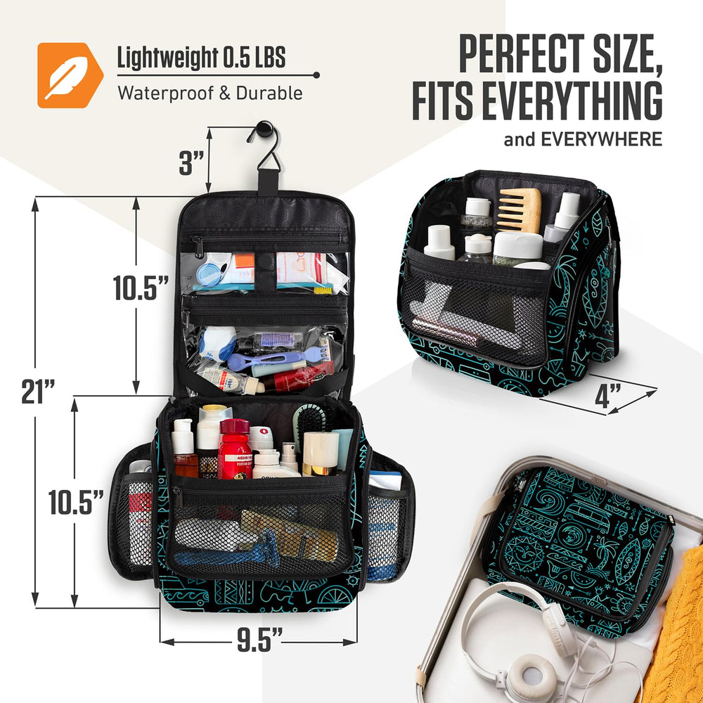 VENTURE 4TH hanging toiletry bag interior layout highlights 17 pockets for belongings.