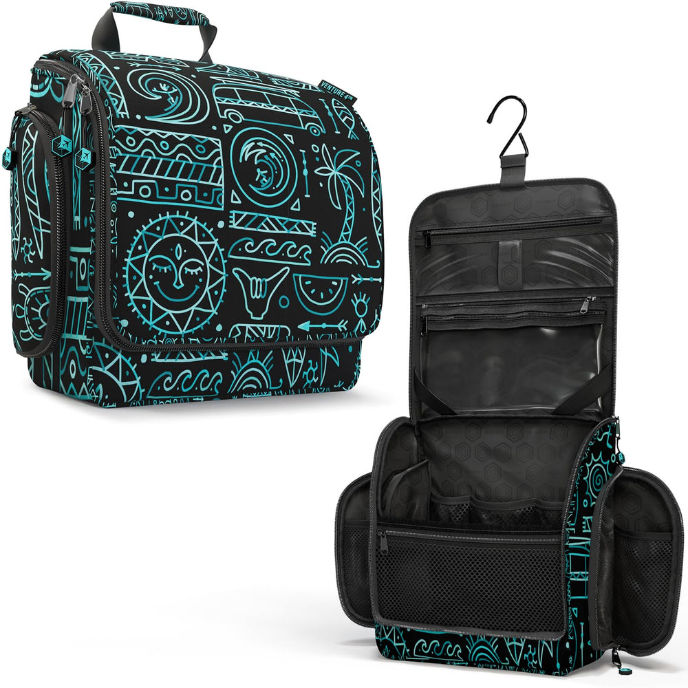 VENTURE 4TH hanging toiletry bag open shows organized compartments for travel.