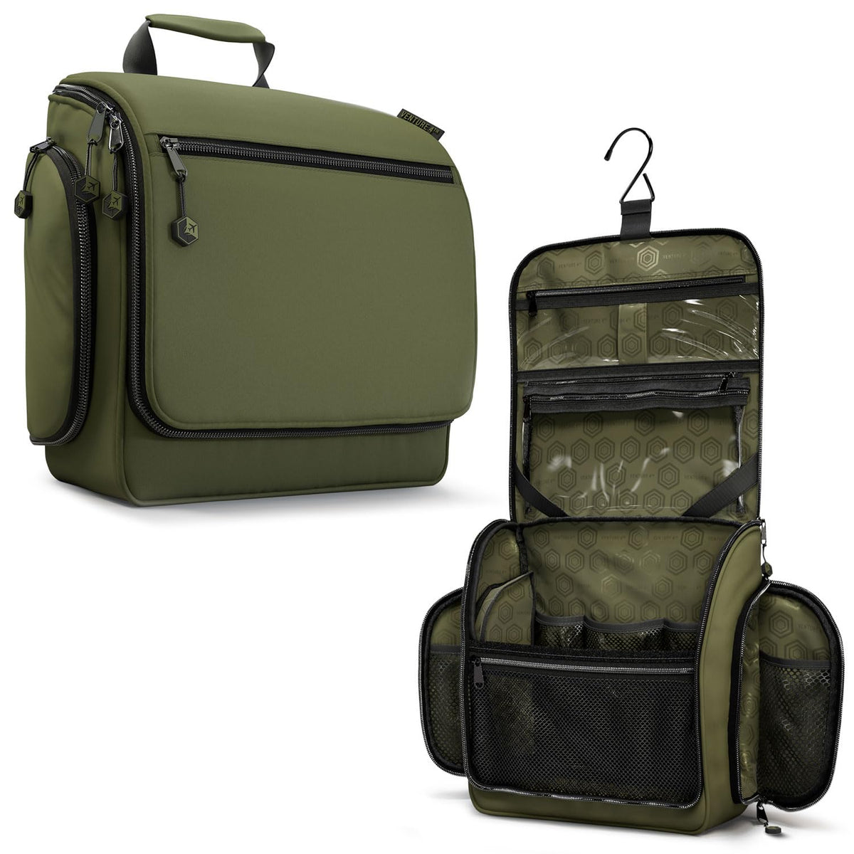 VENTURE 4TH hanging travel toiletry bag forest green keeps toiletries accessible on the go