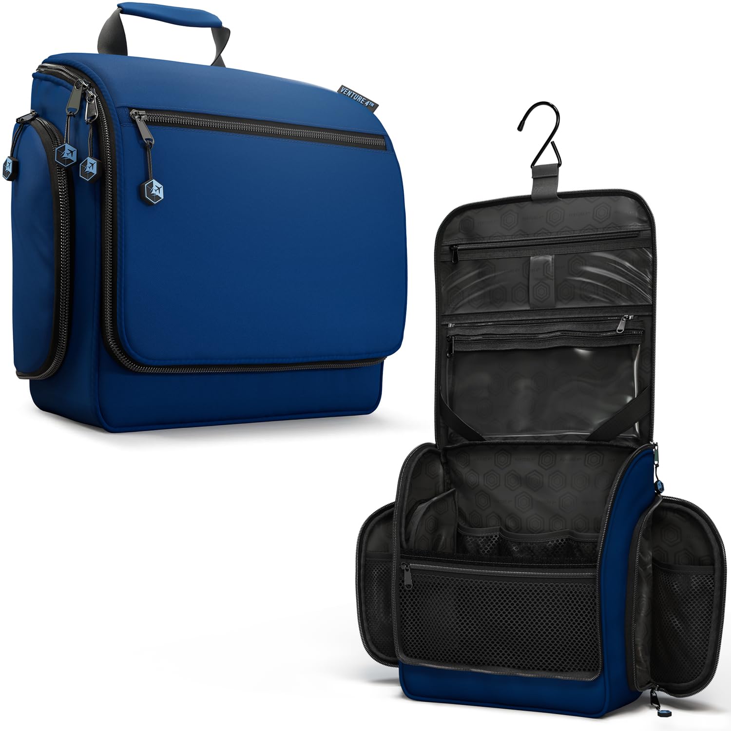 VENTURE 4TH hanging travel toiletry bag in navy enables easy access and space-saving organization on the go.