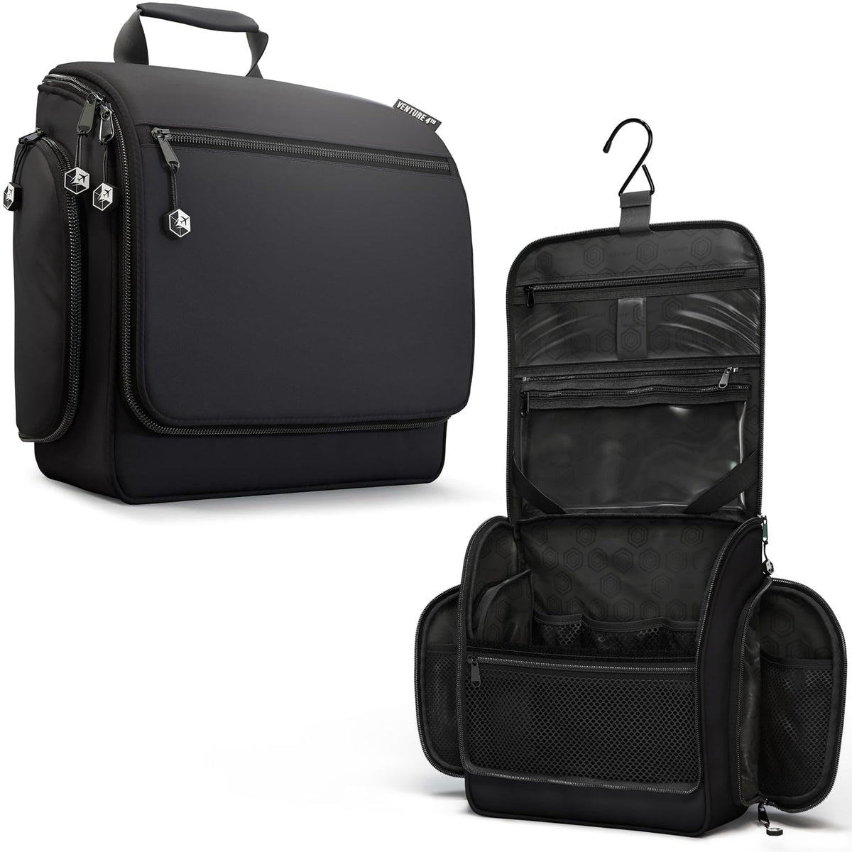 VENTURE 4TH hanging travel toiletry bag open shows organized compartments for on-the-go use.