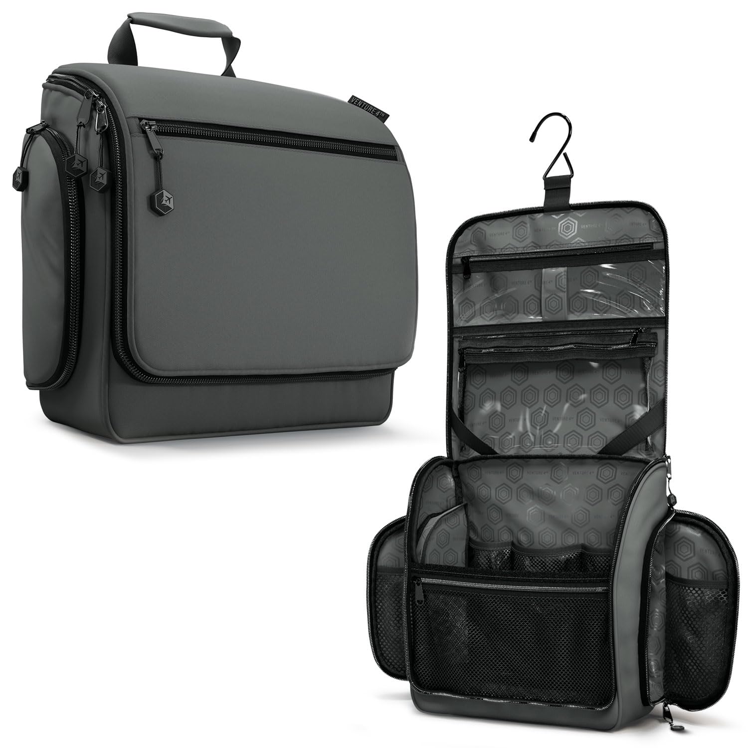 VENTURE 4TH hanging toiletry bag in shadow gray ready for travel organization