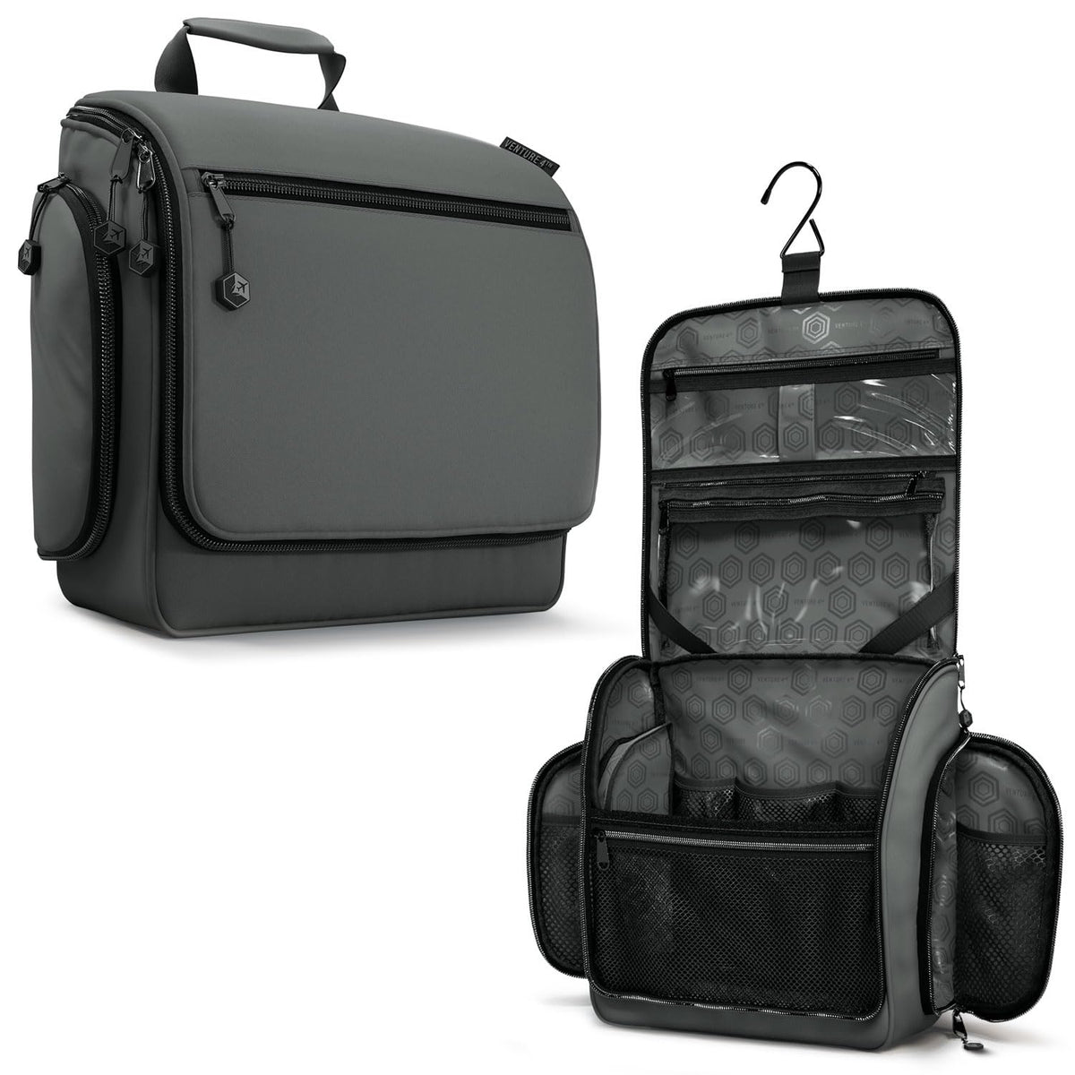 VENTURE 4TH hanging toiletry bag in shadow gray ready for travel organization