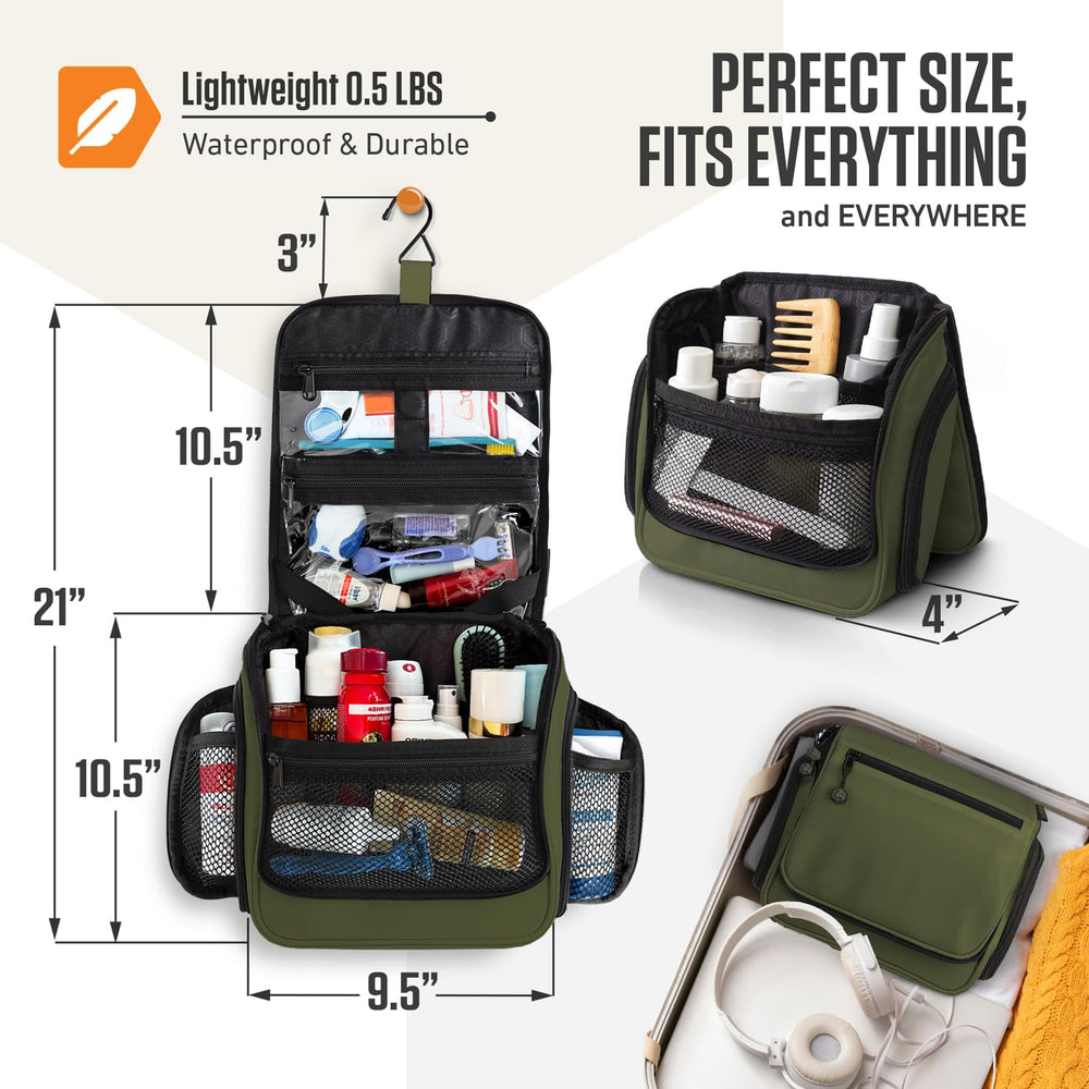 Venture 4th dark-green bag hangs neatly, ideal for hotel bathrooms or camping setups.