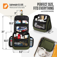 Venture 4th dark-green bag hangs neatly, ideal for hotel bathrooms or camping setups.
